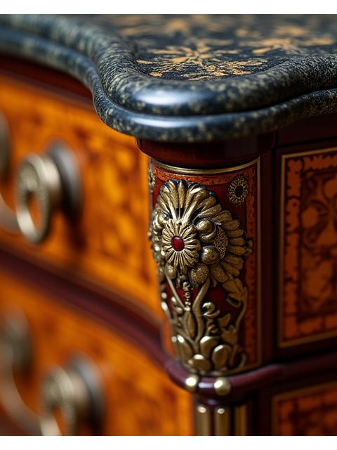 Détail d'une commode ancienne avec marqueterie restaurée