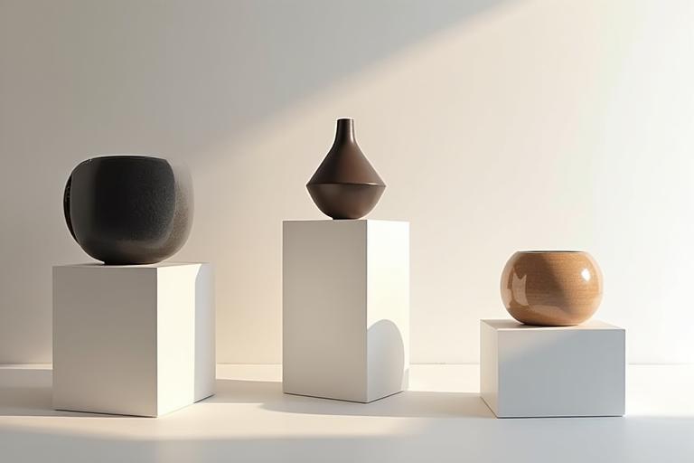 Objets d'art modernes et conceptuels en édition limitée exposés dans une galerie